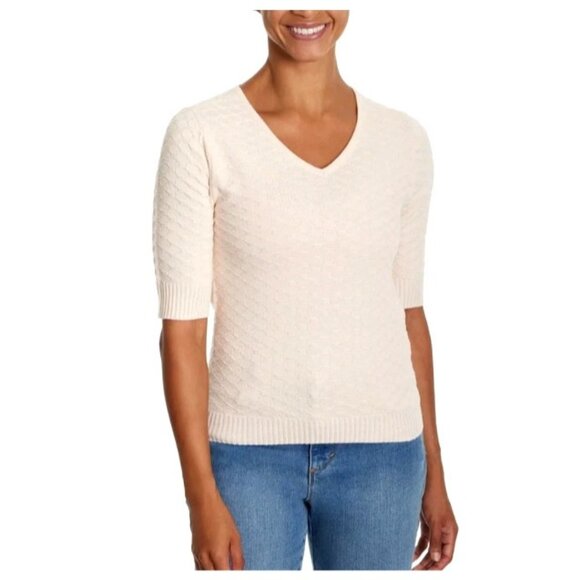NWOT Ella Moss Women's M V-Neck Short sleeve Sweater Peach Honeycomb Textured - Picture 1 of 10